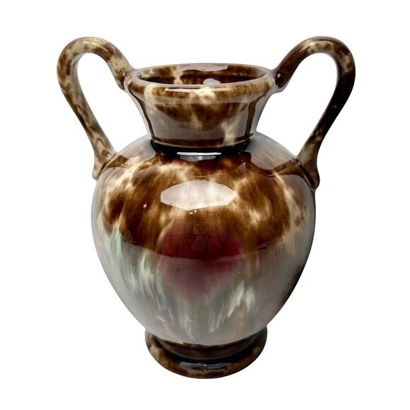 Brown Drip Glaze Ceramic Vase Art Pottery Double Handle Glossy 5 Inch Tall Vtg - Picture 9 of 15